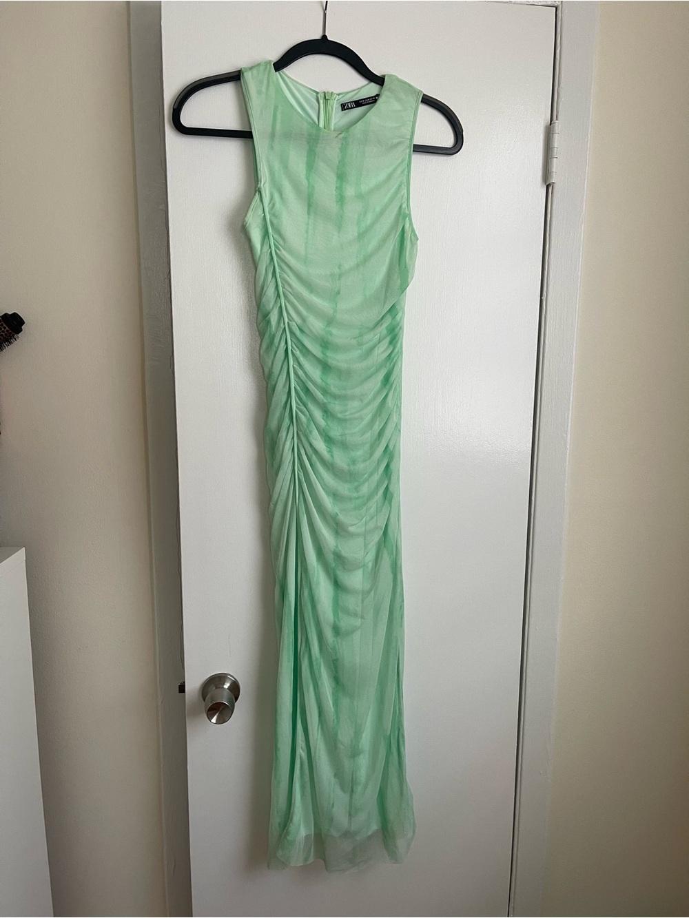 Zara Light Mint Ruched Sleeveless Maxi Dress